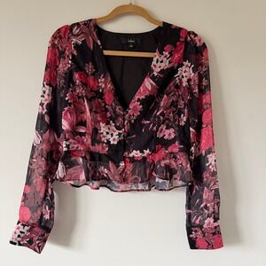 Lulus Black Pink Floral Metallic Clip Dot Peplum V-Neck Long Sleeve Blouse Small